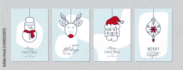 Fototapeta Wesołe kartki świąteczne z ręcznie rysowane Świętego Mikołaja i przyjaciół. Doodles i szkice wektorowe ilustracje świąteczne, DIN A6.