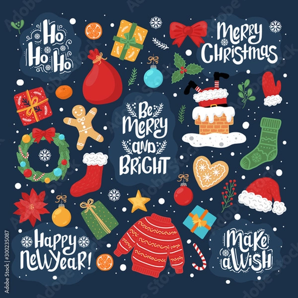 Fototapeta Set of Christmas and New Year vector elements on the dark blue backgroud. Hand-drawn style.