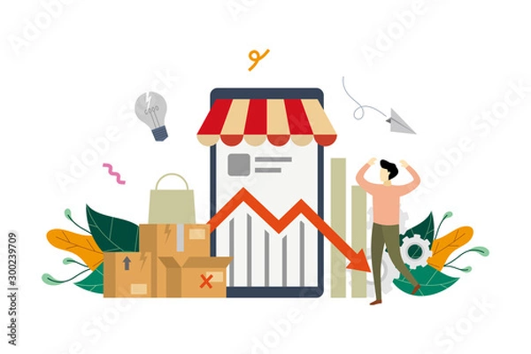 Fototapeta e-store profit loss, online shop decrease. E-marketing income crisis with small businessman concept vector flat illustration, suitable for background, advertising illustration