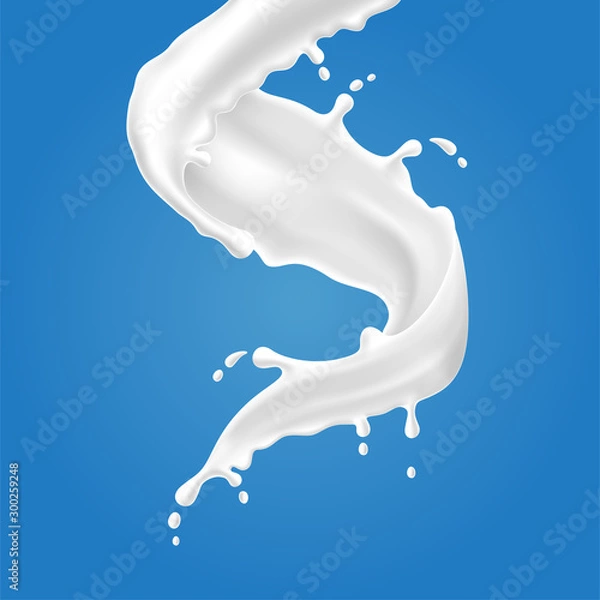 Obraz Vector illustrations of milk splash and pouring, realistic natural dairy products, yogurt or cream, isolated on blue background.