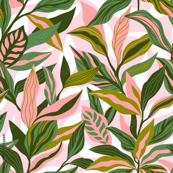 Fototapeta Tropical leaves hand drawn seamless pattern. Botanical trendy design in pink and green colors. Vector repeating design for fabric, wallpaper or wrap papers.