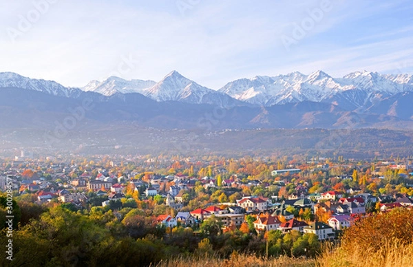 Fototapeta Panoramic view of the upper part of Almaty city on the background of mountains in autumn season; golden fall, beauty and greatness of Kazakhstan concept