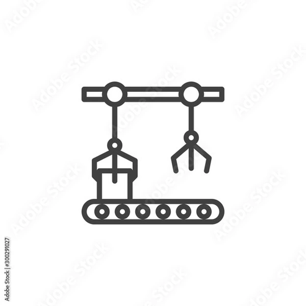 Obraz Assembly automatic production line icon. linear style sign for mobile concept and web design. Conveyor belt and Robotic arm outline vector icon. Symbol, logo illustration. Vector graphics