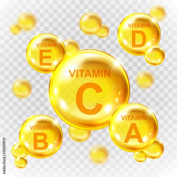 Fototapeta Vector realistic vitamin golden capsules. Nutrition supplement multivitamin complex. Golden round capsules isolated on transparent background.