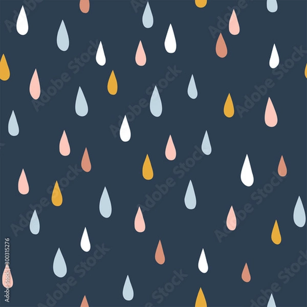 Fototapeta Various raindrops. Kids drawing style. Childish scandinavian backdrop. Flat design. Hand drawn colored vector seamless pattern. Modern trendy illustration for fabric, textile, wallpaper, scrapbook