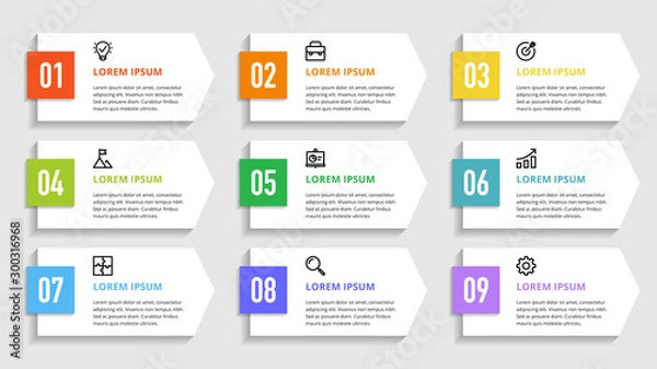 Fototapeta Nine colorful numbers or figures and rectangular elements or cards with place for text. Infographic design template. Creative vector illustration for business options, steps, processes.