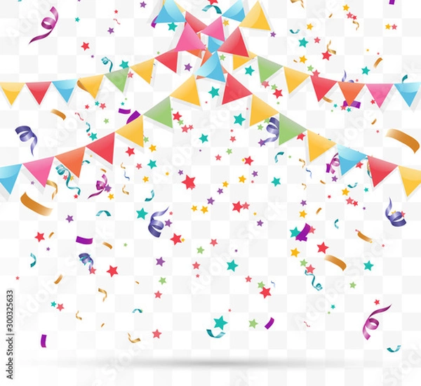 Obraz Lots of colorful tiny confetti and ribbons on transparent background. Festive event and party. Multicolor background.