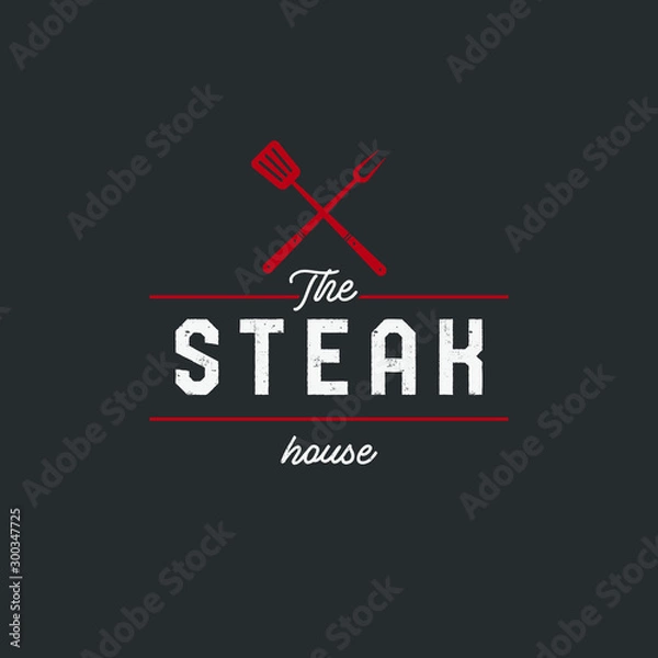 Obraz Steak house set logo with grill, steak, knife, meat, wine and beer. A restaurant. Steak cafe. Vector illustration.