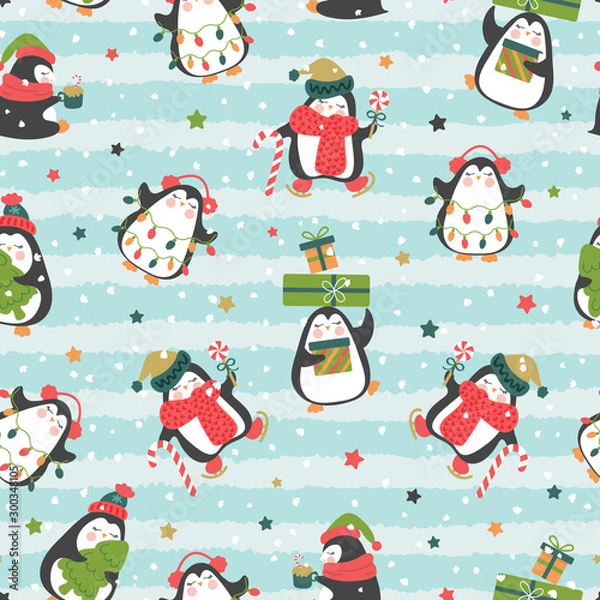 Fototapeta Christmas seamless pattern with cute penguins on line stripe background with colorful stars. Design for surface, textile, fabric, wallpaper, wrapping, giftwrap, paper, scrapbook and packaging.