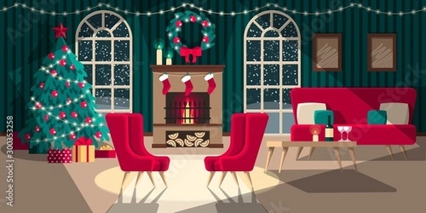 Fototapeta Vector illustration of interior with fire place