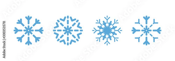 Fototapeta Set of blue Snowflakes, isolated on white background. Snowflake collection different shape. Snowflakes vector icons in a row