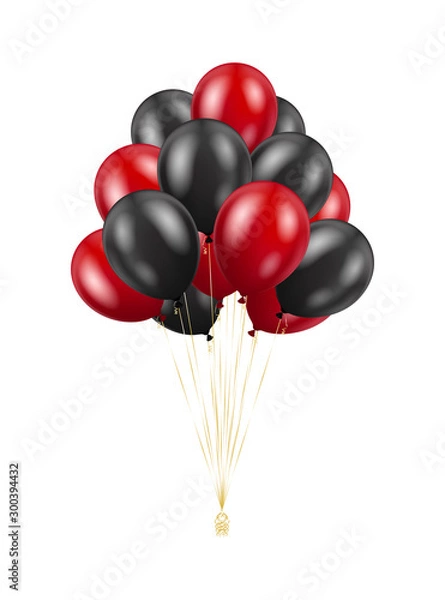 Obraz Balloons bunch isolated on white background. Glossy red and black 3D realistic helium balloons. Vector concept for banner, cards, poster and promotion designs.