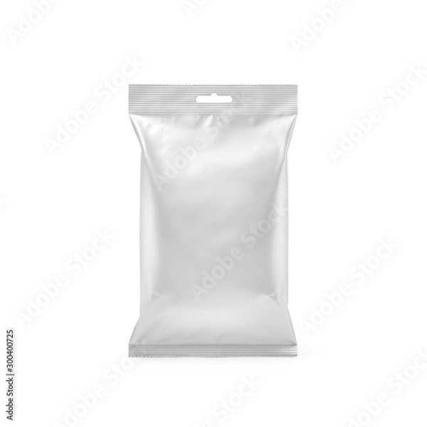 Fototapeta White Foil Blank paper pillow food snack bag isolated on white background. Packaging template mockup collection. With clipping Path included. Chips paper package. Front view