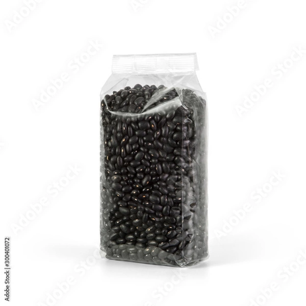 Obraz Black Kidney Beans in transparent plastic bag isolated on white background. Packaging template mockup collection. Stand-up Half Side view package.