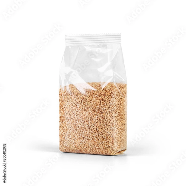 Fototapeta Sesame seeds in transparent plastic bag isolated on white background. Packaging template mockup collection. Stand-up Half Side view package.