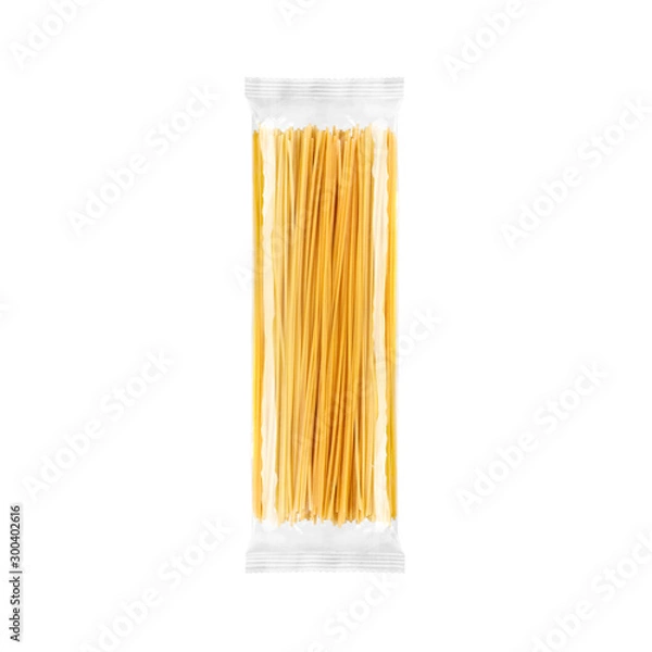 Obraz Spaghetti pasta transparent plastic bag package, isolated on white background. Packaging template mockup collection.