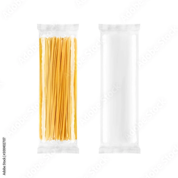 Fototapeta Spaghetti pasta transparent plastic bag package, isolated on white background. Packaging template mockup collection.