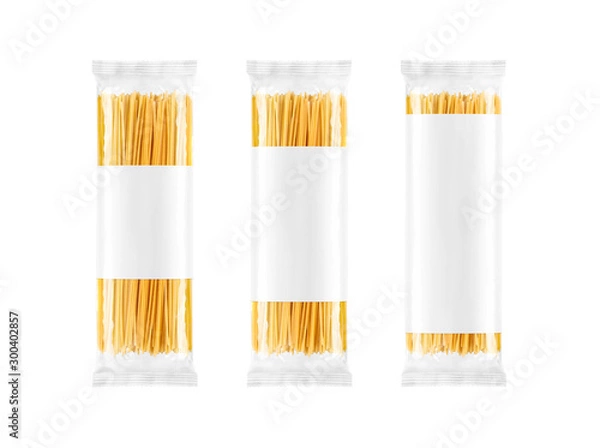 Fototapeta Spaghetti pasta transparent plastic bag package, with diffrent shapes for your design, isolated on white background. Packaging template mockup collection.