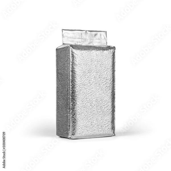 Fototapeta Blank Foil vacuum sealed coffee bag isolated on white background. Packaging template mockup collection. Aluminium coffee pack. Stand up Half side view Package