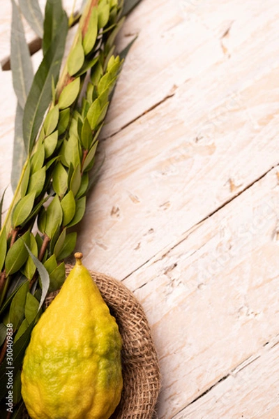 Fototapeta Lulav on jute fabric and wood background with a copy space. Composition of Sukkot symbols: palm, willow, myrtle, etrog.