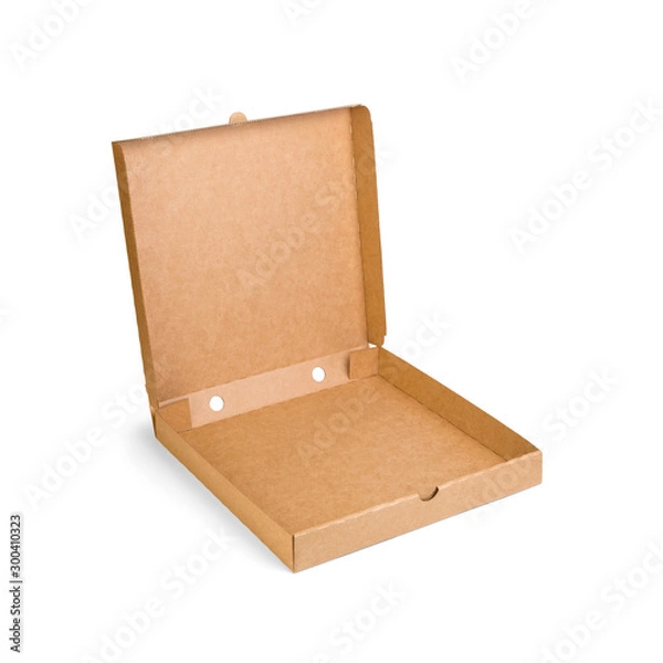 Fototapeta Blank brown open cardboard Pizza paper box isolated on white background. Packaging template mockup collection. Stand-up Half Side view package.