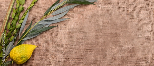 Fototapeta Top view on Sukkot festival symbols: palm, willow, myrtle, etrog. Lulav on jute fabric. Banner with a copy space.
