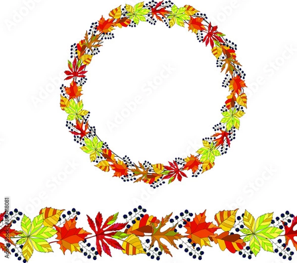 Fototapeta Set of brush and garland of  autumn different  leaves 