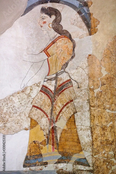 Fototapeta Wall painting of the House of the Ladies depicting a woman from Akrotiri Minoan Settlement on Santorini island, Greece