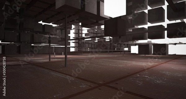 Fototapeta Abstract architectural concrete  and rusted metal interior from an array of white cubes with neon lighting. 3D illustration and rendering.