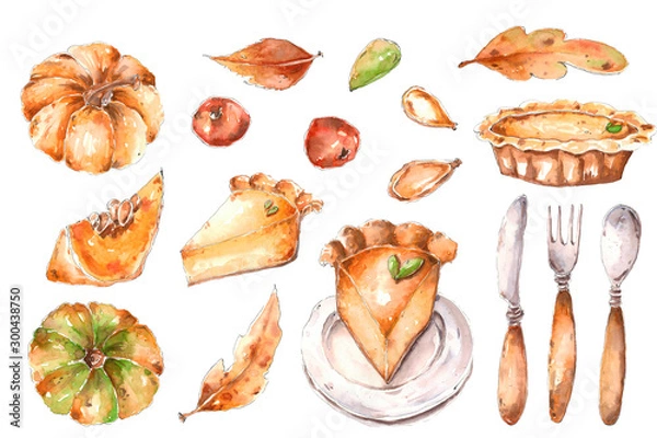 Fototapeta Thanksgiving watercolor set with pumpkins, pie and pieces of cake in a plate, autumn leaves and cutlery. hand drawn isolated on a white background clipart.