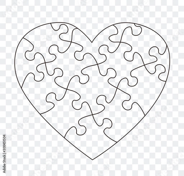 Fototapeta Puzzles grid vector. Black line jigsaw puzzle pieces. Heart shape frame template illustration.