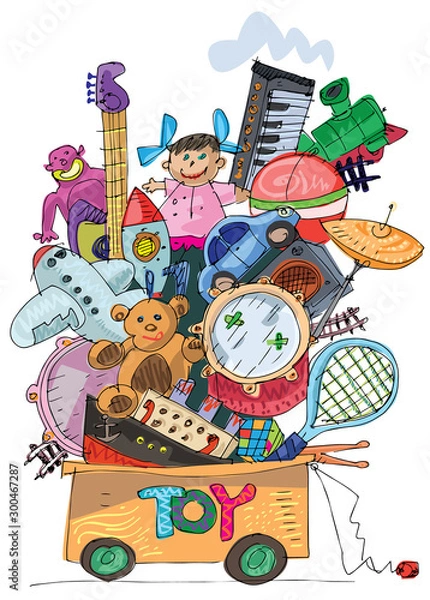 Obraz A cute wheeled toys box overloaded with huge pile of toys. Cartoon. Caricature.