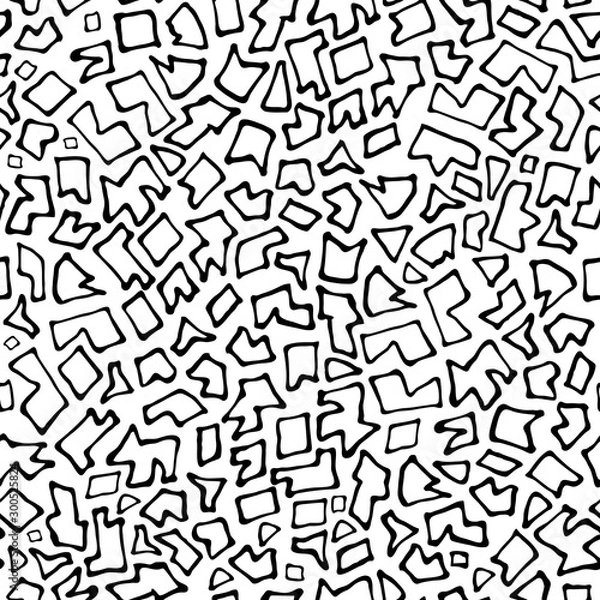 Fototapeta Abstract white background with chaotic uneven black parts. Seamless mosaic in Doodle style. Geometric irregular pattern pieces fill the entire space. Printing on fabric, background website, cover art