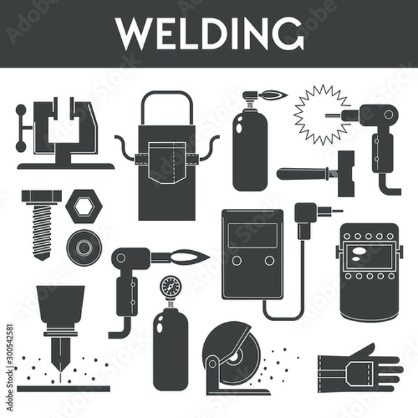 Obraz Welding equipment banner template with welder tools icons and text