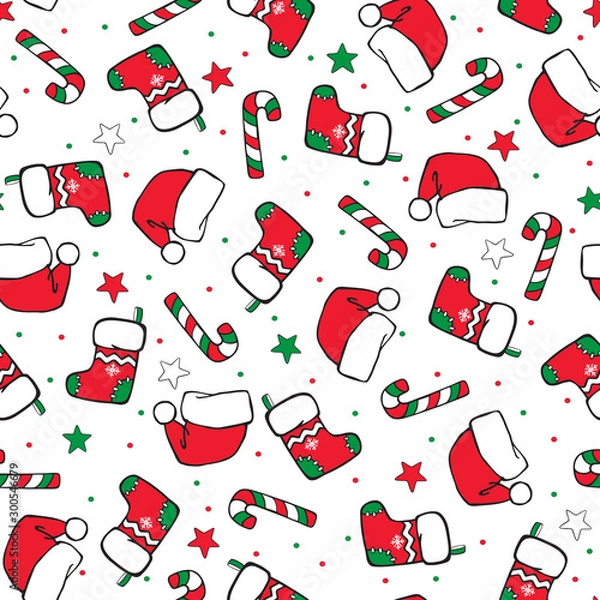 Fototapeta Christmas seamless cartoon hand-drawing. Colored socks, Santa hats and sugar canes on a white background. Vector background with stars and confetti.