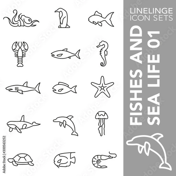 Fototapeta Thin line Icon set of Fishes and Sea Life 01. Linelinge are the best pictogram pack unique design for all dimensions and devices. Vector graphic, symbol, logo and website content.