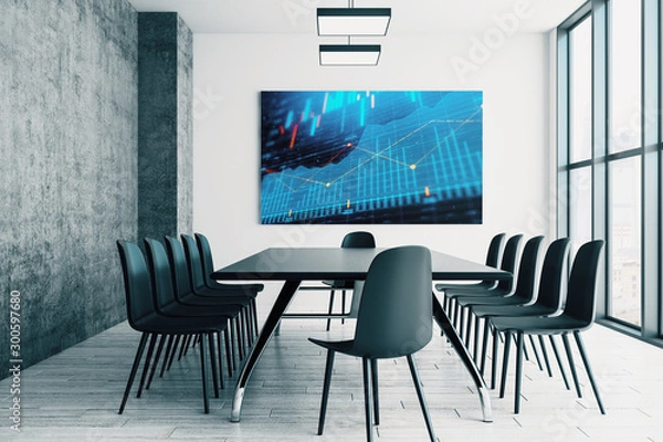 Fototapeta Conference room interior with financial chart on screen monitor on the wall. Stock market analysis concept. 3d rendering.