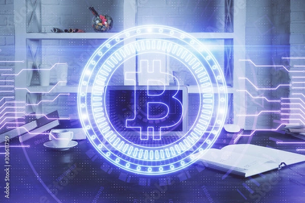 Fototapeta Multi exposure of blockchain theme hologram and table with computer background. Concept of bitcoin crypto currency.