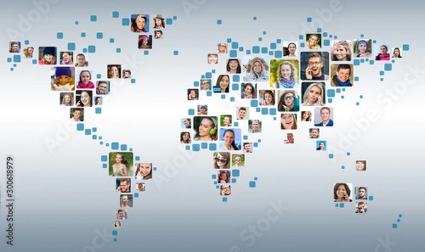 Obraz Collection of people portraits placed as world map shape. Global Business Concept