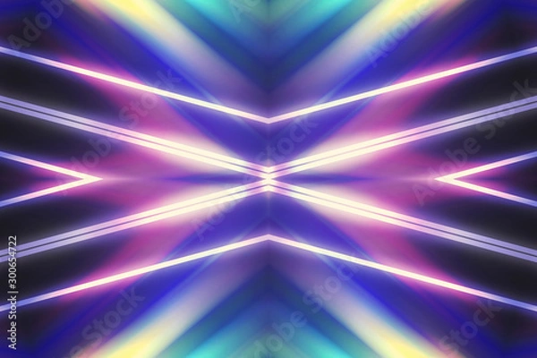 Fototapeta Dark abstract futuristic background. Neon lines glow. Neon lines, shapes. Multi-colored glow, blurry lights, bokeh. Empty stage background
