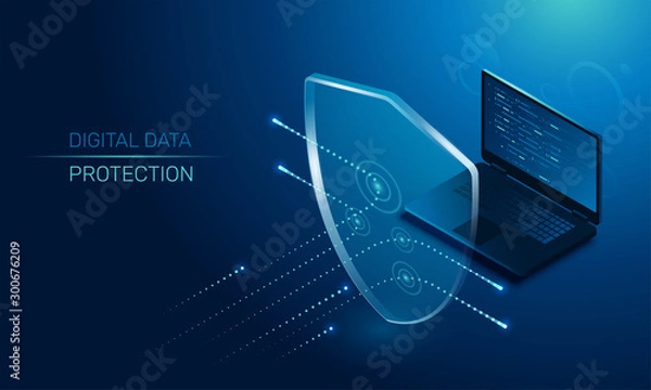 Fototapeta isometric vector image on a dark background, a transparent shield covering the laptop from virus attacks, protection of digital data