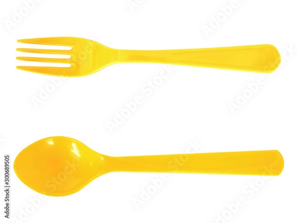 Obraz Yellow spoon and fork isolated on white background