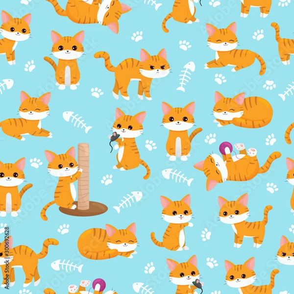 Fototapeta Childish seamless nursery pattern. Cute kawaii ginger cats with paws and fish bones. Cartoon vector character.