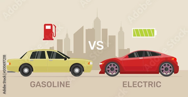 Obraz Cartoon character, comparing electric versus gasoline car.