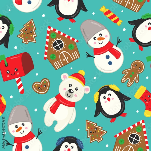 Fototapeta seamless pattern with cute characters and other Christmas elements   - vector illustration, eps    