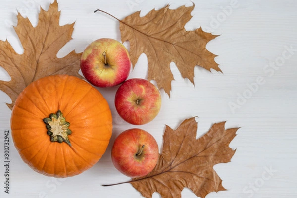 Fototapeta Autumn composition. Pumpkin, dry leaves, apples on a white wooden background. Autumn thanksgiving day background.