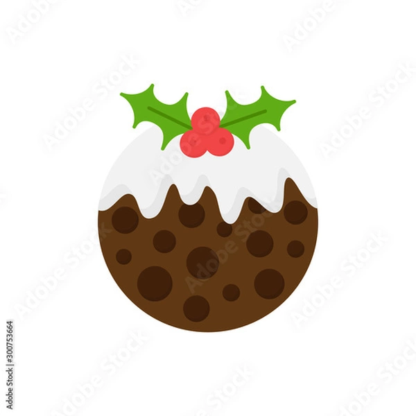 Fototapeta Christmas pudding vector round illustration icon. Seasonal, festive, traditional holiday dessert with cream on top and holly, mistletoe decoration. Isolated cartoon graphic.
