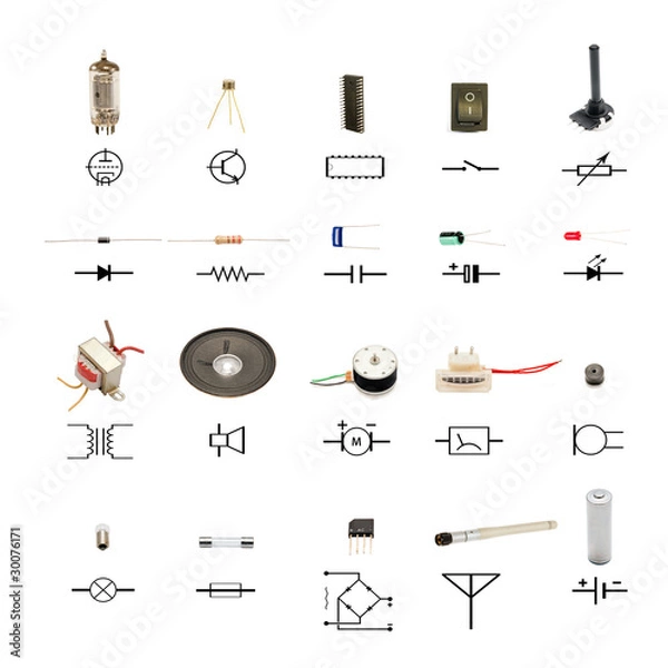 Obraz electronic components with circuit schematic symbols on white