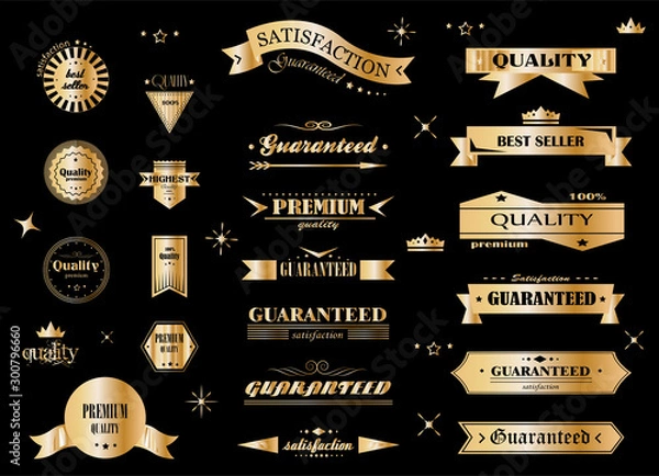Fototapeta Retro Banner And Ribbon Design Elements. Retro Gold Banners And Labels In Vintage Style Isolated On Black. Vintage Vector Set For Ribbon Logo, Label, Banner And Hipster Design.Logo for Business Badges