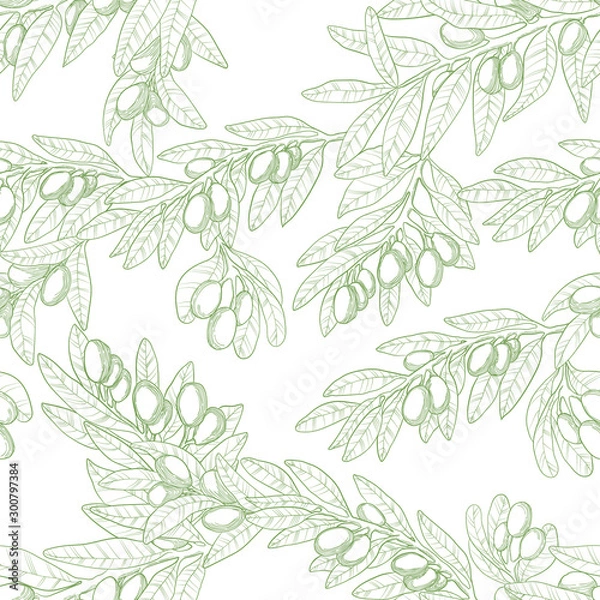 Fototapeta Vector seamless pattern in outline with green olive brunches. Linocut olive repeated background. Hand drawn illustration backdrop. Organic sketches elements.